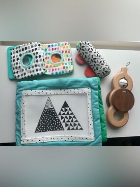 Soft Sensory Baby Activity Book and Rattle Toy Set - Teal, White, Black